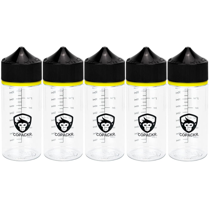 Copackr Chubby Gorilla V3 frascos cuentagotas, frascos de plástico con medida para aceite, tinta y/o productos químicos, perfectos para viajes, frascos para líquidos, con tapón de seguridad para niños, juego de 5 (100 ml)