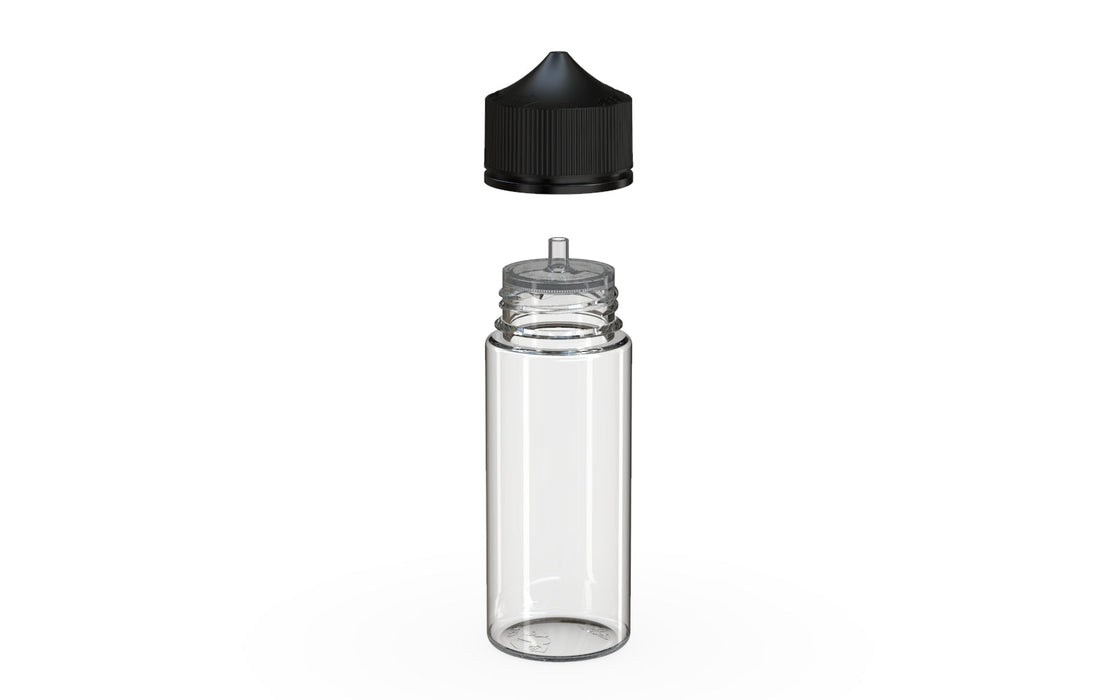 Chubby Gorilla - Bottiglia Unicorn da 120ML pronta per la produzione - Bottiglia trasparente / tappo nero - V3 con punta riduttrice